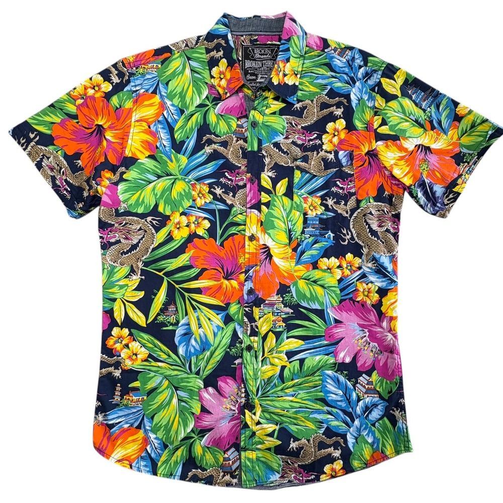 Broken Threads Hawaiian Shirt Mens XL Multicolor Dragon Short Sleeve Floral - Picture 2 of 8